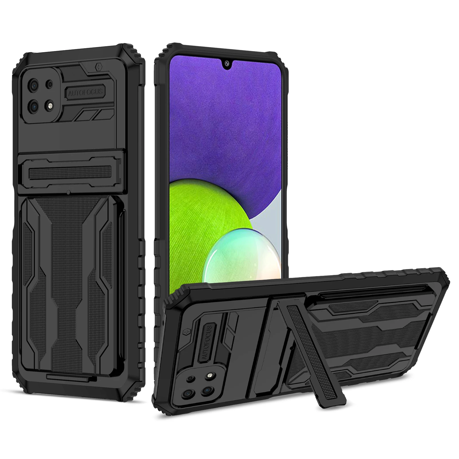 

Luxury TPU PC Hybrid Shockproof Phone Case with Detachable Card Holder and Kickstand For Samsung Galaxy A22 5G, As pictures