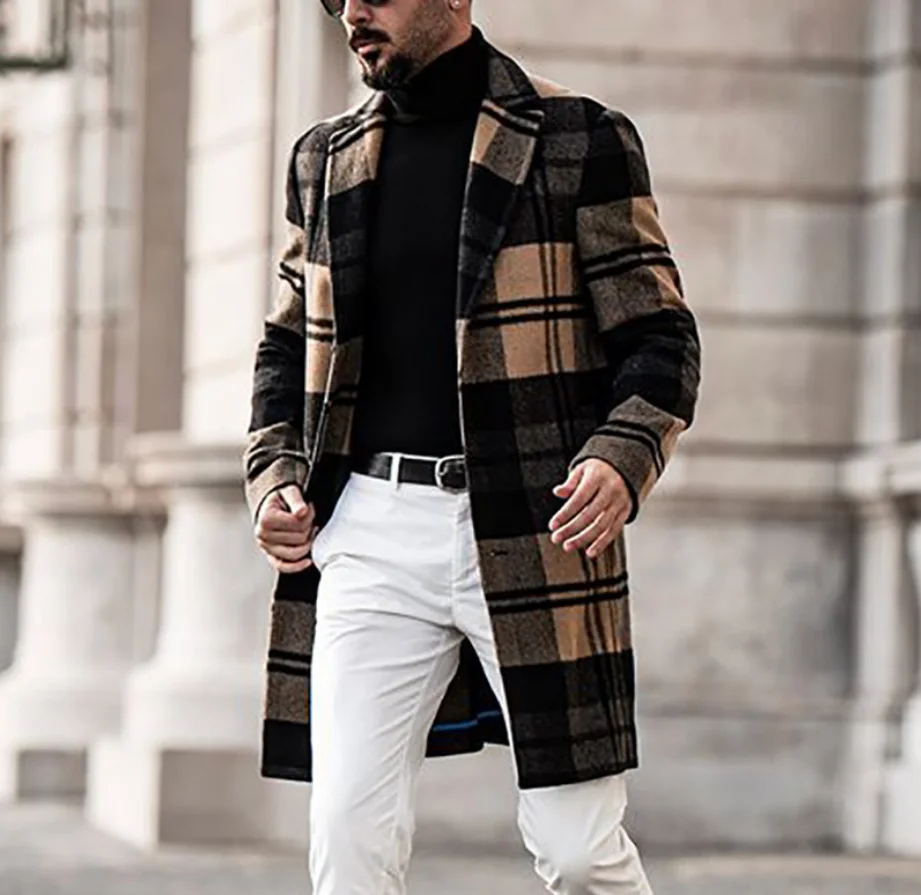 Plaid Design Men Long Coat Jacket Woolen Just One Piece Male Autumn Winter Casual Outwear Jacket Tuxedos Groomsman Coat Blazer