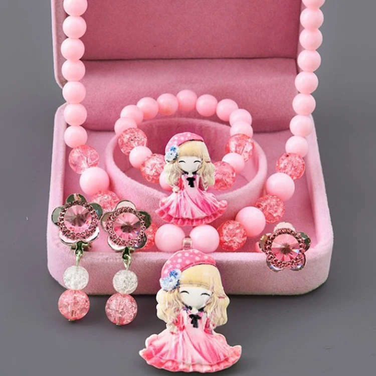 

Fashion lovely Children Jewelry color bead Princess Pendant Necklace Bracelet Ring Earrings Kids Jewelry Set for girl gift