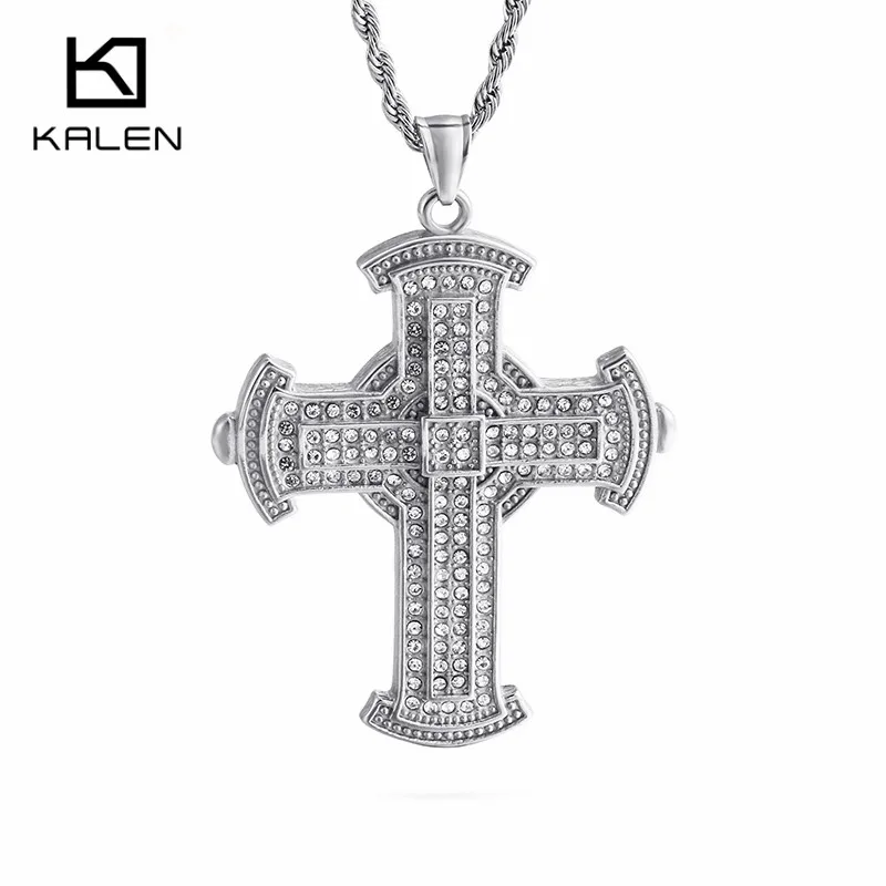 

KALEN Cubic Zircon & Stainless Steel Silver Large Cross Pendant For Men