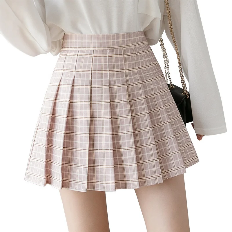 

Hot Sale Girls Fashion Plaid Skirt Pants Inside Pleated Faldas Mini Women Skirts, Gray, pink, light green, bean green