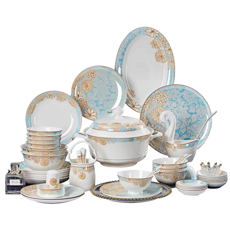 

Hot selling Custom Decal Bone China Dinner Set 56PCS Porcelain Plate Dinnerware Set Porcelain Dinner Sets, Applique