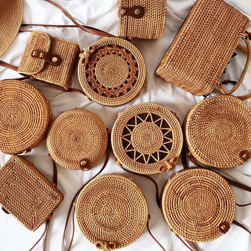 

2021 Summer Handmade Bags Vacation Square Purse Weave Women Beach Round Straw Retro Woven Bags
