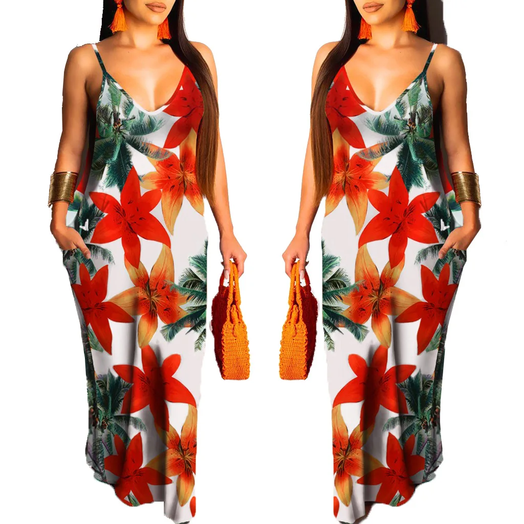 

10615-SW97 sehe fashion women clothing 2021 summer casual floral leave print maxi loose hawaii holiday dresses, 1 colors