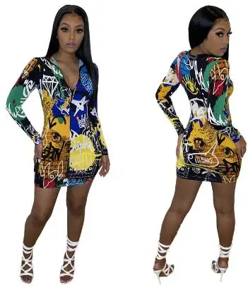 

EB-20022644 lovely fashion long sleeve graffiti printed casual dresses women mini dress