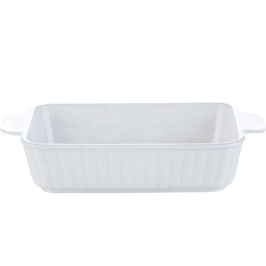 

Nordic ceramic bake ware rectangular binaural striped bowl and tableware solid color baked rice plate, White