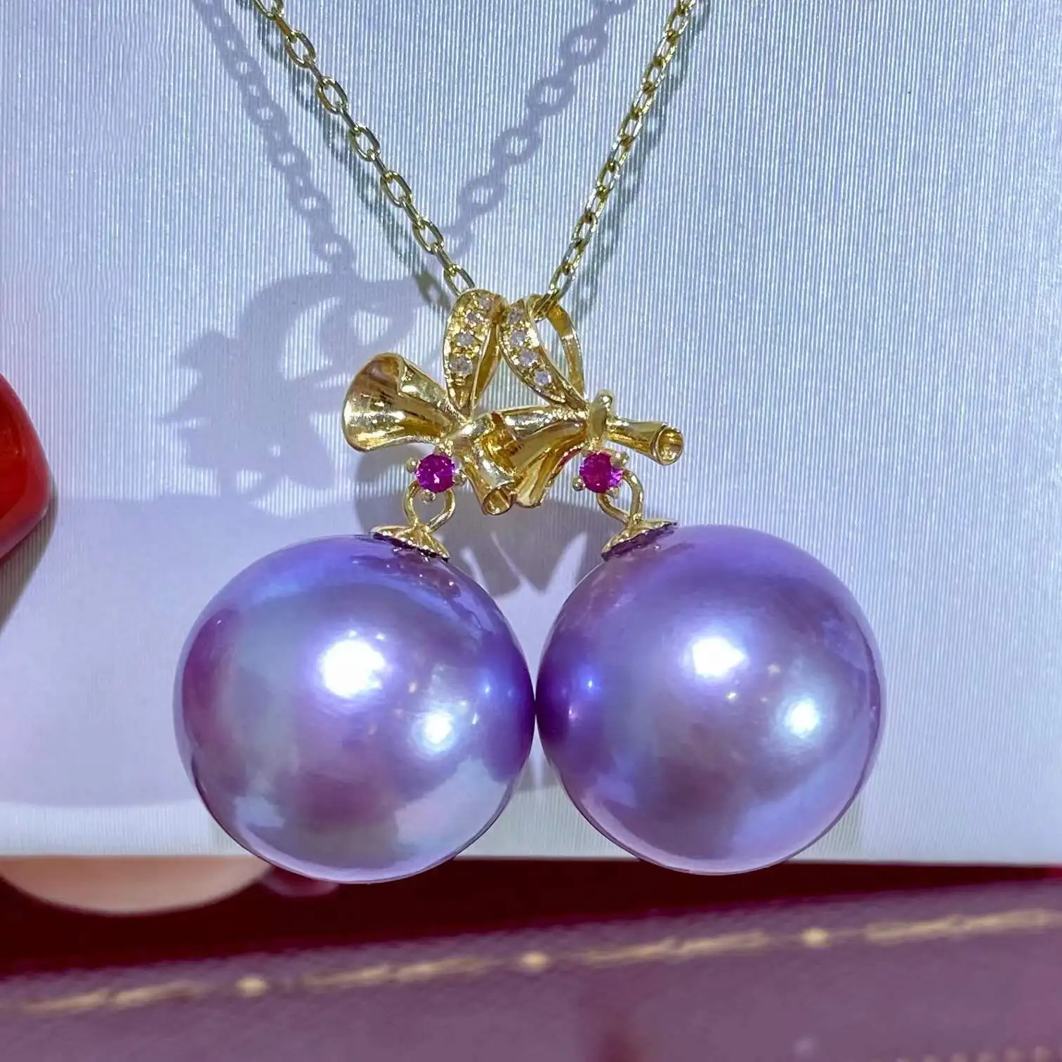 

2022 Chinese Women 18k real solid gold Custom Dainty Edison full round Freshwater Pearl Chain Necklace Pendent, Purple