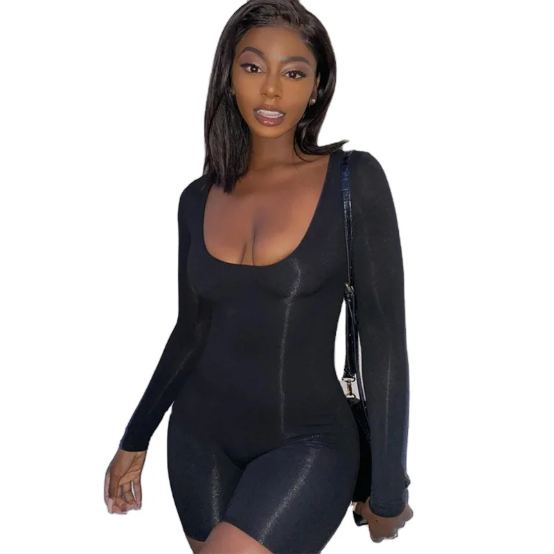

New fall long - sleeved solid color square collar jumpsuits slim yoga wear women bodysuit, Black,skin