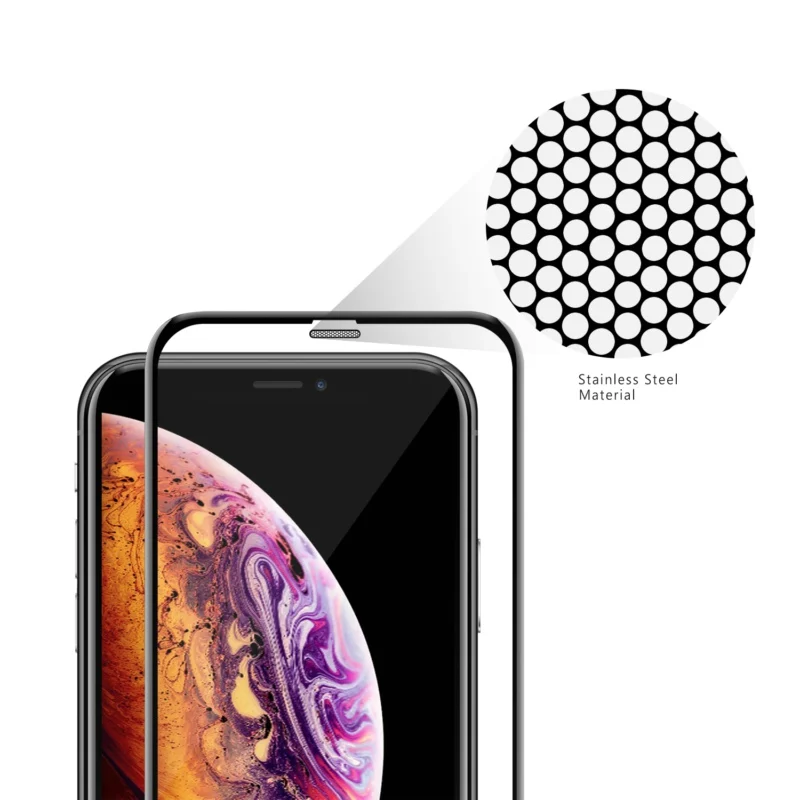 

Wholesale anti dust high clear silk print AGC tempered glass screen protector with dustproof mesh design for iPhone xs Max