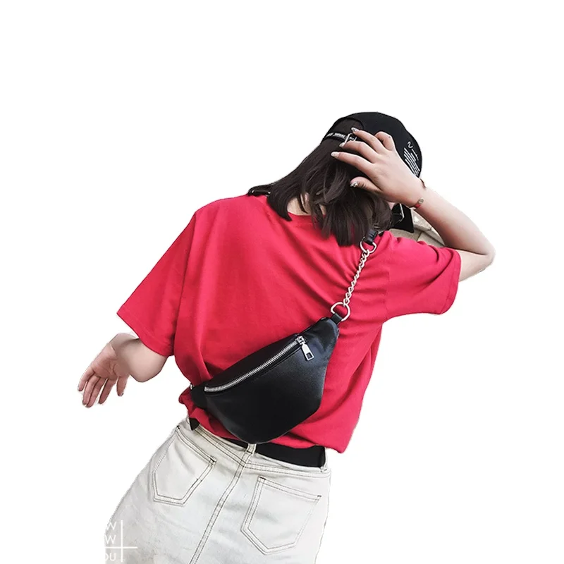 

Customized girl Fashion Small Chest Bag Travel Black PU Leather Chain women mini leather waist bag fanny pack for lady