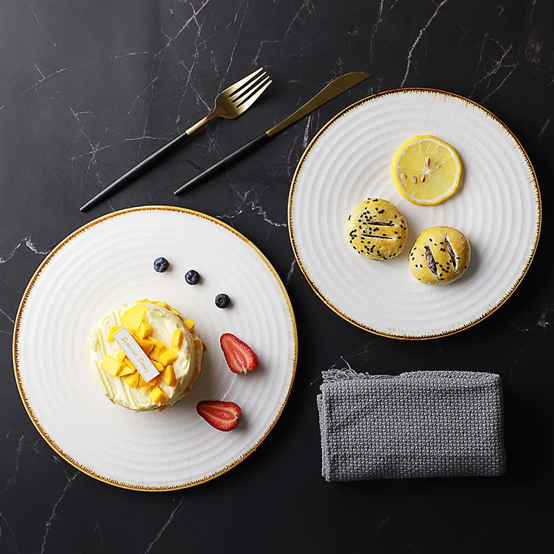 Hot Sale Custom Restaurant Colorful Rim Eco Friendly White Porcelain Ceramic Flat Plate/