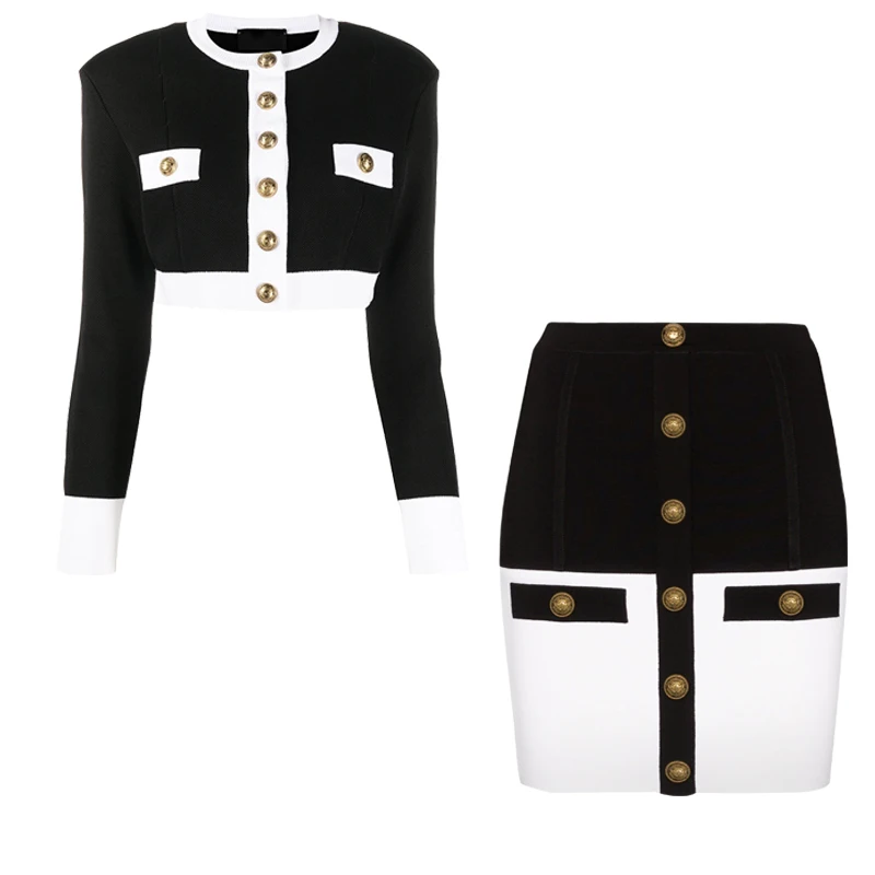 

European Women High Quality Black and White Contrast Color Short Sweater Mini Skirt Knitting Skirt Sets Slim Suits