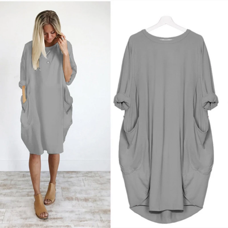 

2021 Hot Sexy Women Casual Loose Dress with Pocket Ladies O Neck Long Tops T Shirt plus size dresses