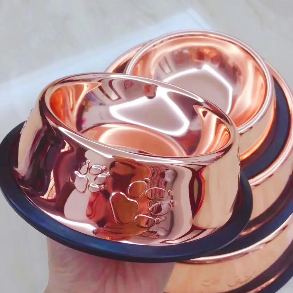 

Rose Golden Color Stainless Steel Dog Bowl Anti-tipping Pet Bowl Dog Plate Large Size Pet Supplies