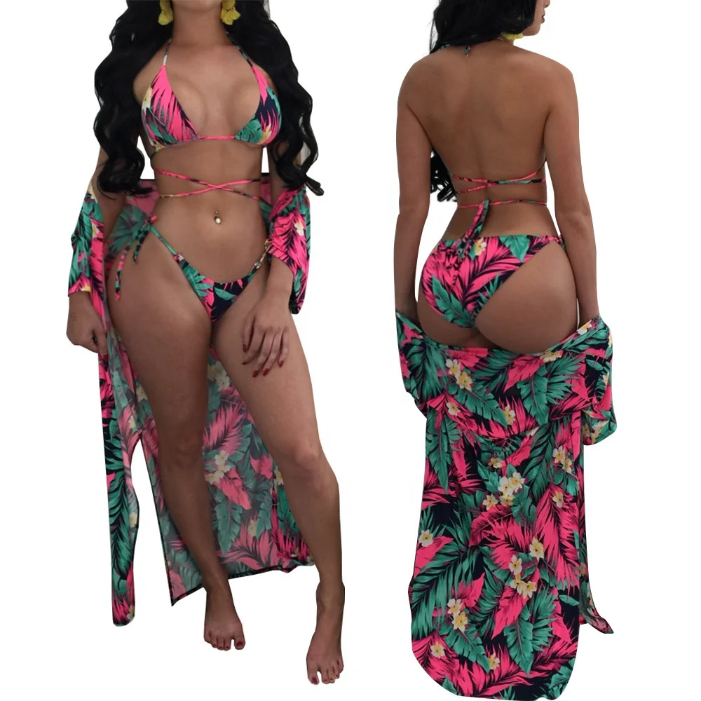 

2020 New design women sexy three piece swimsuits floral printed bikini set summer beach poncho cover up dress, Picture or customized