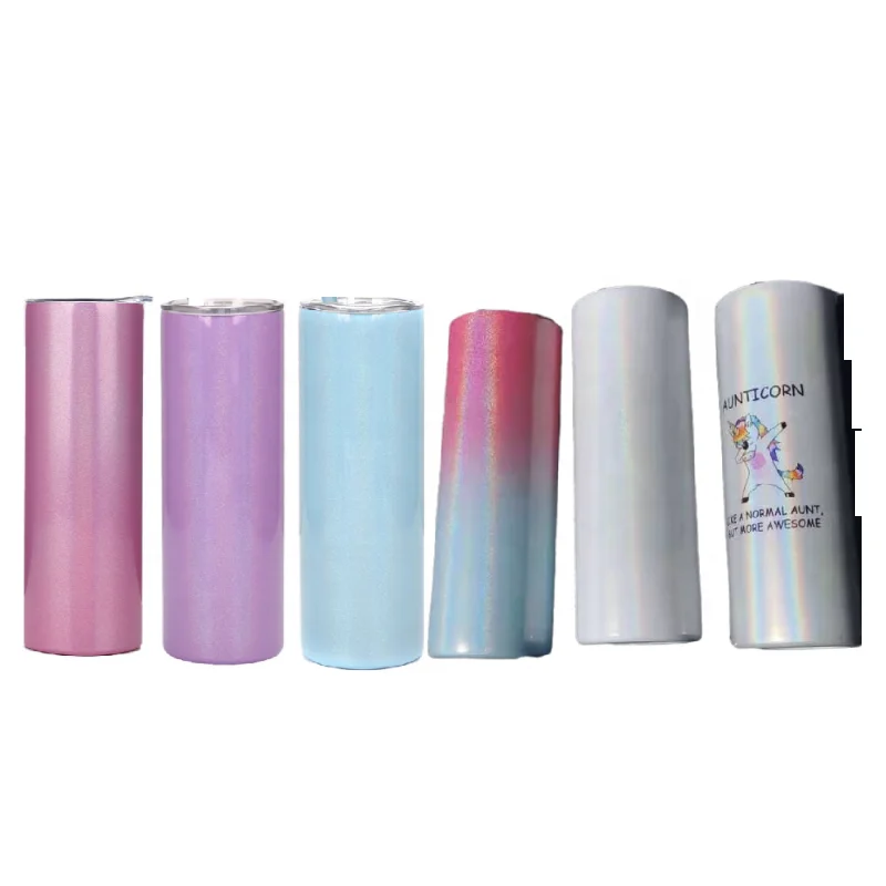 

Iridescent shiny Metal Stainless Steel Double Wall Sublimation 20oz Holographic Glitter Shimmer Skinny Tumbler Cup with Straw