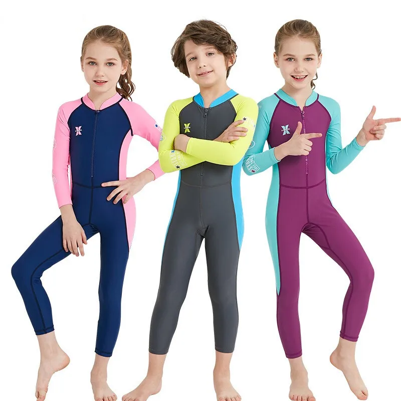 

swim wear kids beachwear diving sport wear one piece swimsuit kids breathable girls boys swimwear, 3color