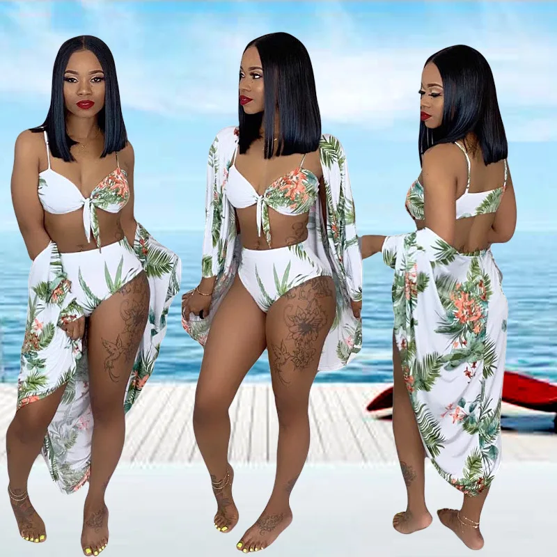 

Best Selling Knot Pleat Sling Swimsuit Three Pieces V Neck Floral Bathing Suits Women Cover Up Beachwear Sexy