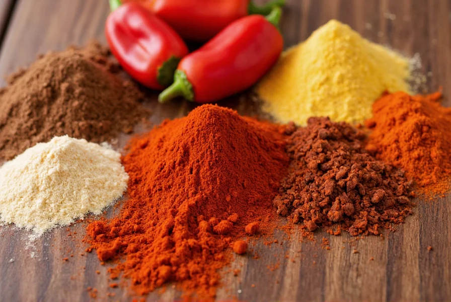 Close-up of no bean chili ingredients including various chili powders, fresh peppers, and spices arranged on wooden table