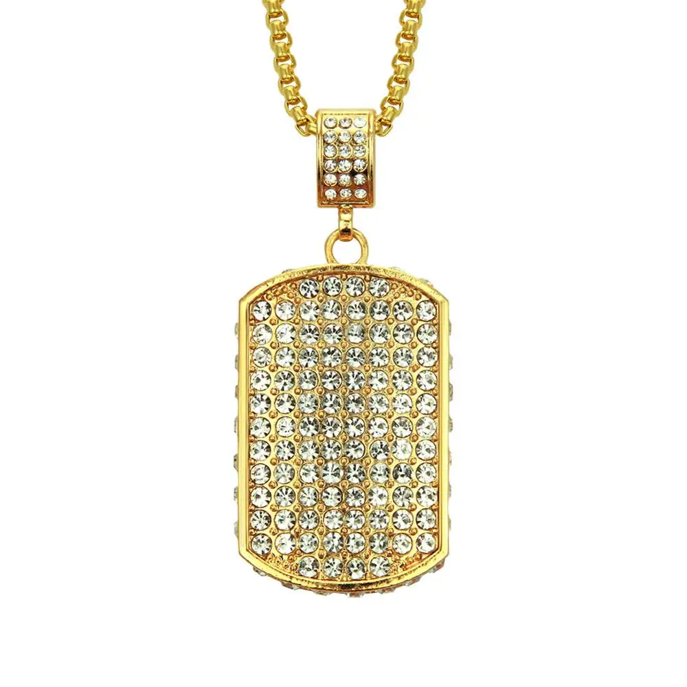 Jiushang ebay hot sale diamond zircon hip hop 14k gold dog tag necklace for men