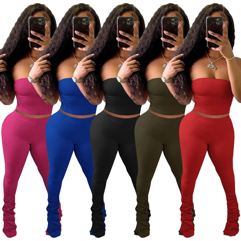 

GP-HR8170 2021 Trend Clothes Vendors Stack Sweat Pants Fashion Women Pleat Stacked Jogger Pants And Wrapped Tube Tops Set