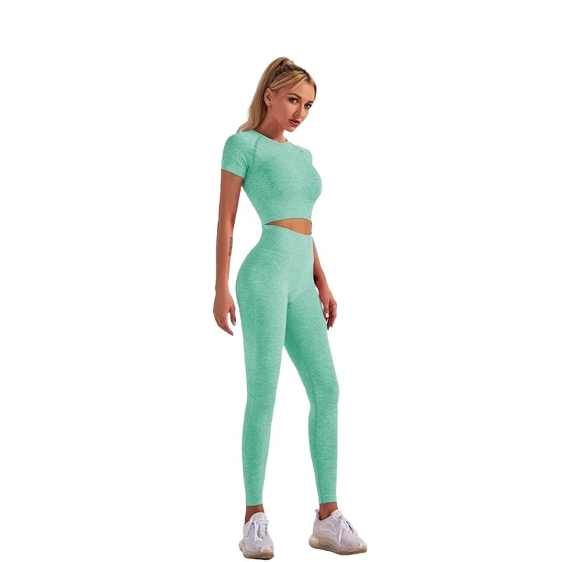 

BBLXF9183 Factory hot sell seamless fitness wear women sports T-shirt and leggings set fit-fit light yoga set, Flare,gray,brown