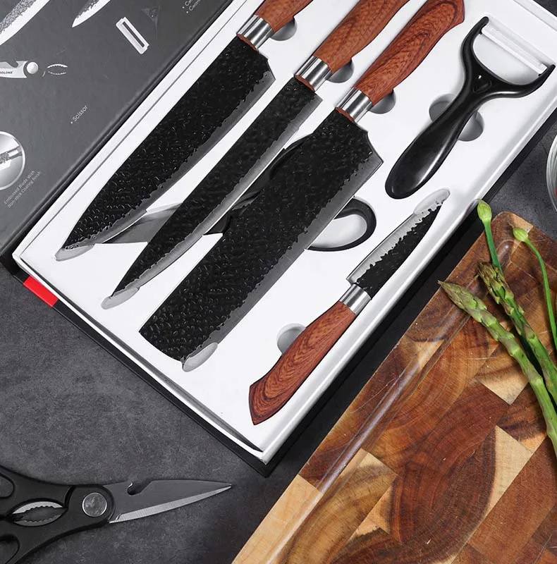 

Manufacturers spot forged hammer pattern kitchen knife set gift box 6-piece gift flip box set forged pattern kitchen knife