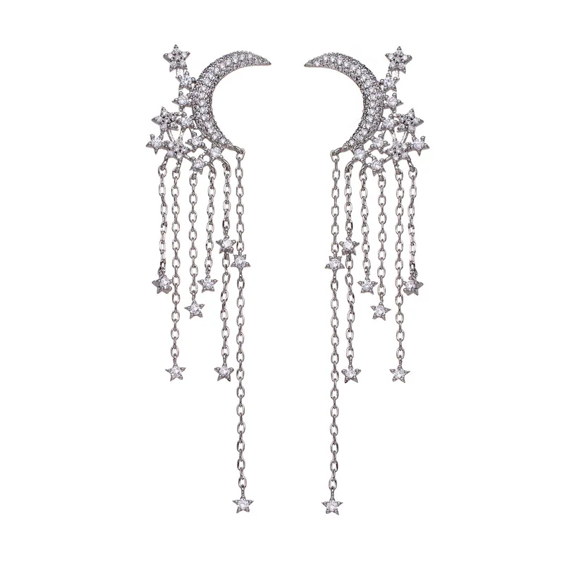 

Stars moon tassel earring fashion korean tassel drop long chain tassel earring
