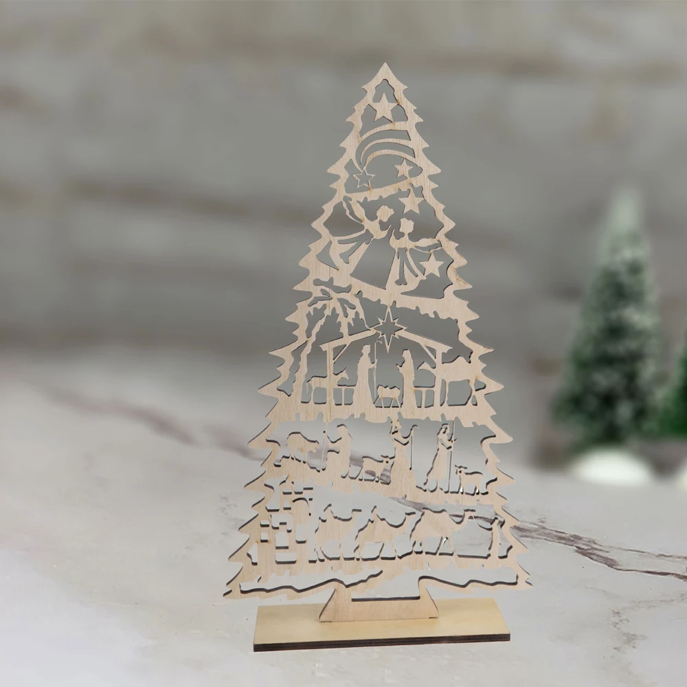 桌面装饰品激光切割镂空天使设计基督装饰木制圣诞树工艺