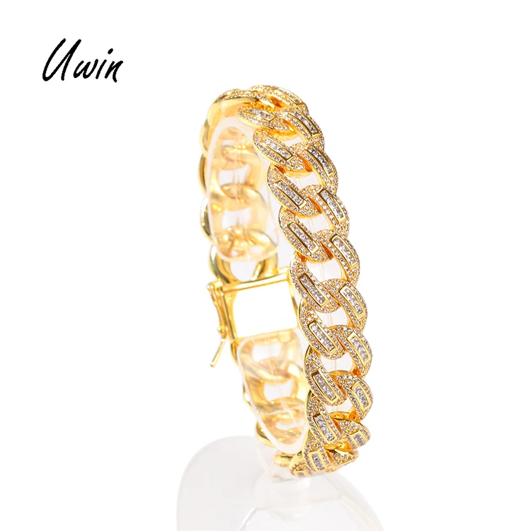 

Hip Hop 1.5cm Baguette CZ Cuban Link Chain Bracelet Copper Cubic Zirconia Fashion Women Men Bracelets Jewelry, Gold, silvery