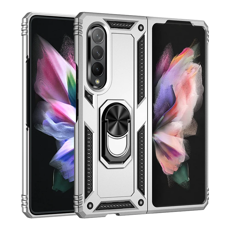 

360 metal ring magnetic kickstand mobile phone back cover 2 in 1 hybrid tpu pc phone case for samsung galaxy z fold 3 case, 7 colors
