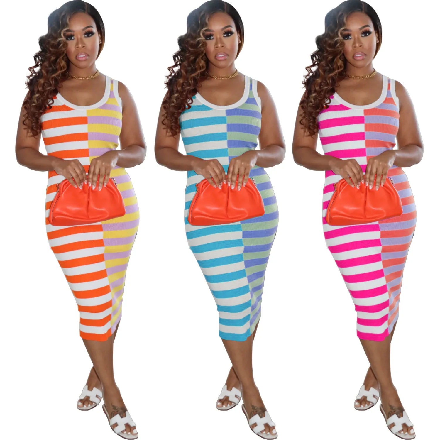 

2022 New Arrivals Fashion Women Casual O-Neck Sleeveless Slim Colorful Striped Patchwork Ribbed Slip Dress