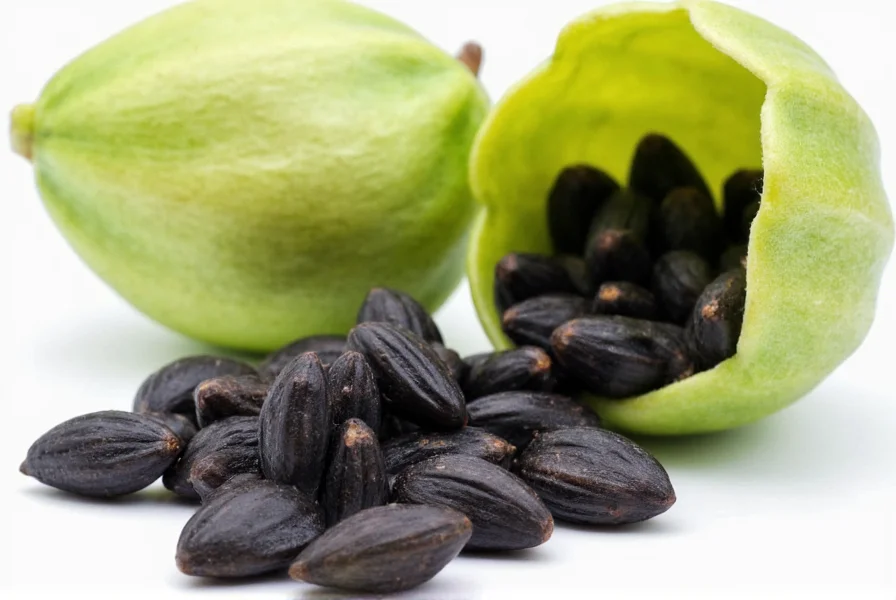 Cardamom seeds spilled from a pod showing their black seeds against green husk