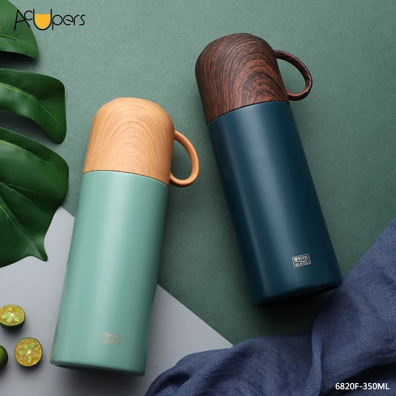 

350ml 12oz Double Wall SUS 304 Thermos Flask Insulation Water Bottle With Wooden Cover For Gift