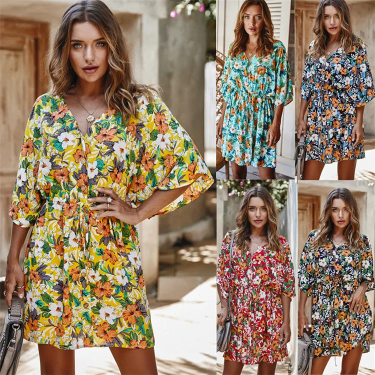 

2020 dresses women floral print loose swing Tie waist mini causal dress for summer, Customized color/as show