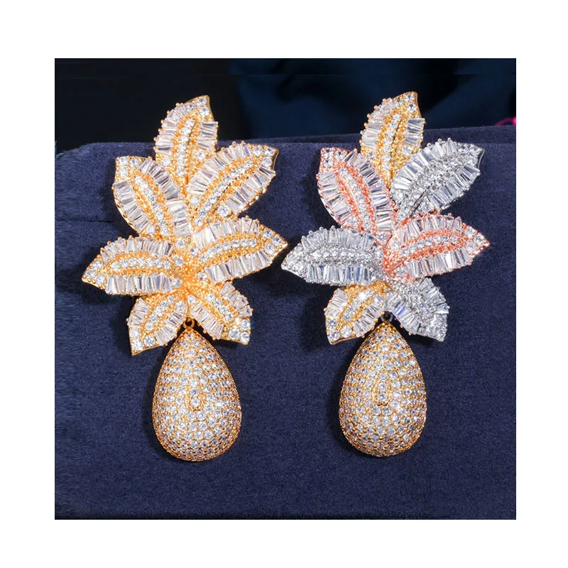 

S925 Silver Earring Post Luxury Zircon Tri-color Plating Earrings Big CZ Diamond Paved Pineapple Earring, Gold ,pink gold ,rhodium