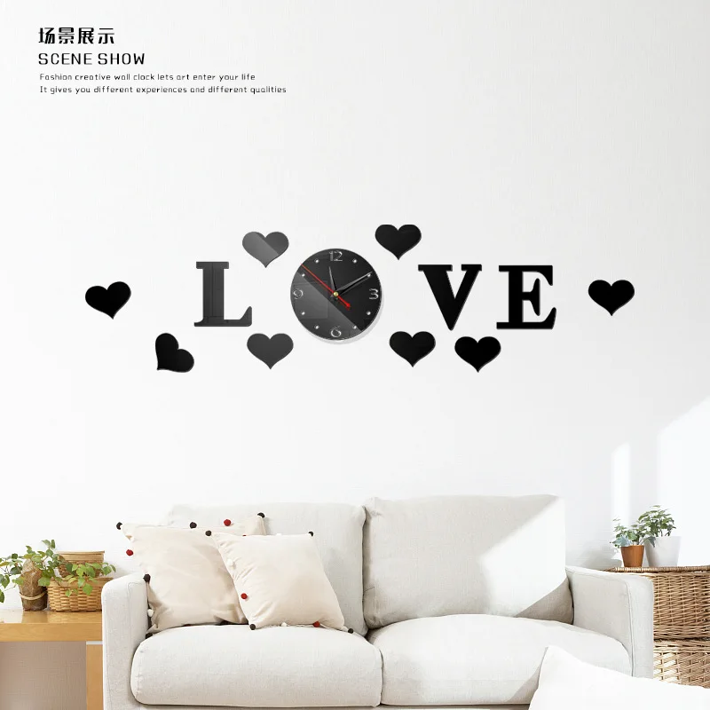 

Romantic Wedding Gifts 3D Acrylic Love Sticker Home Decor Hanging Wall Clock, Black,silver, gold, red