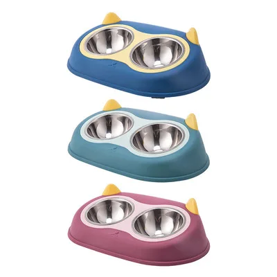 

Dog bowl stainless steel double bowl to protect the cervical spine cute anti-tipping non-slip plastic pet bowl, Blue/green/blue