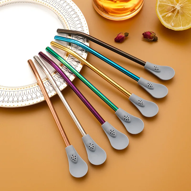 

Reusable 304 Stainless Steel Drinking Metal Straw with Silicone Spoon, Silver,gold,rose gold,rainbow,black