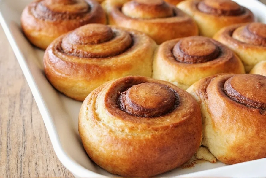 Freshly baked overnight cinnamon buns with cream cheese glaze on ceramic plate