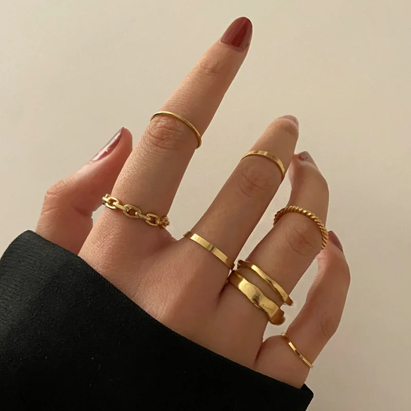 

2021 hip-hop punk irregular seven-piece finger fine ring geometric chain pearl ring set female