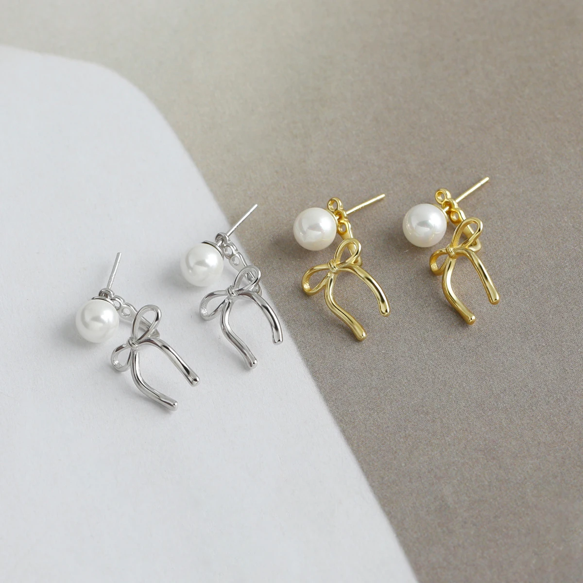 Europe and America Fashion Jewelry 925 Sterling Silver Pearl Bow Gold Plated Stud Earring Jewelry for Women