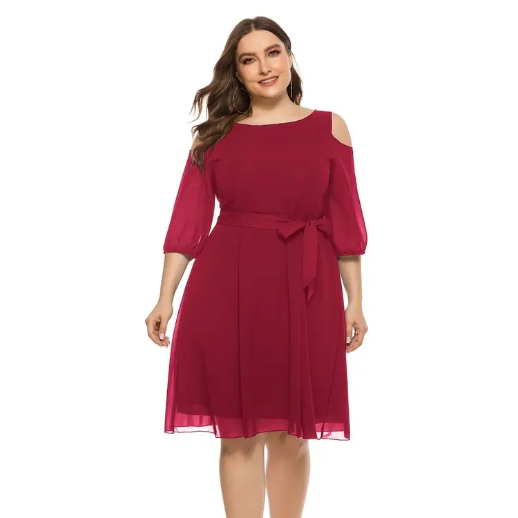 

Summer New Evening Plus Size Round Neck Women's Three-quarter Sleeve Off-the-shoulder Dress, Black, red