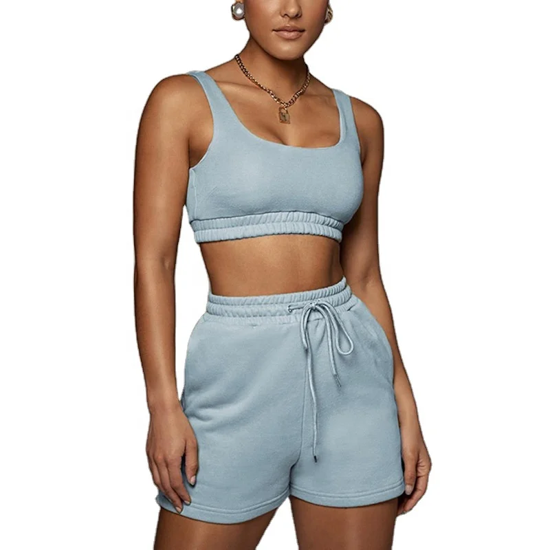 

2021 summer new high waist strappy fashion solid color vest casual shorts 2 piece women's set