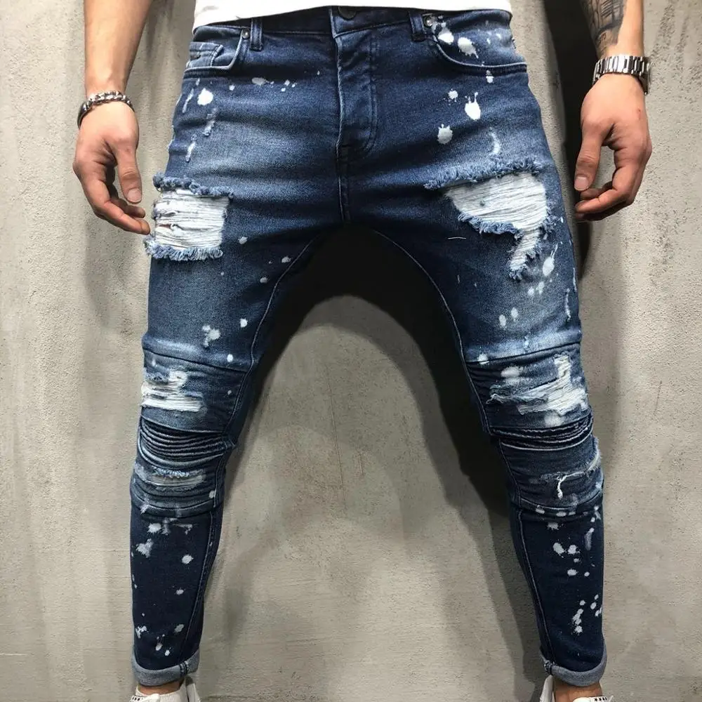 

Ripped men's jeans fashion pants stretch slim fit pleated spray-painted jeans