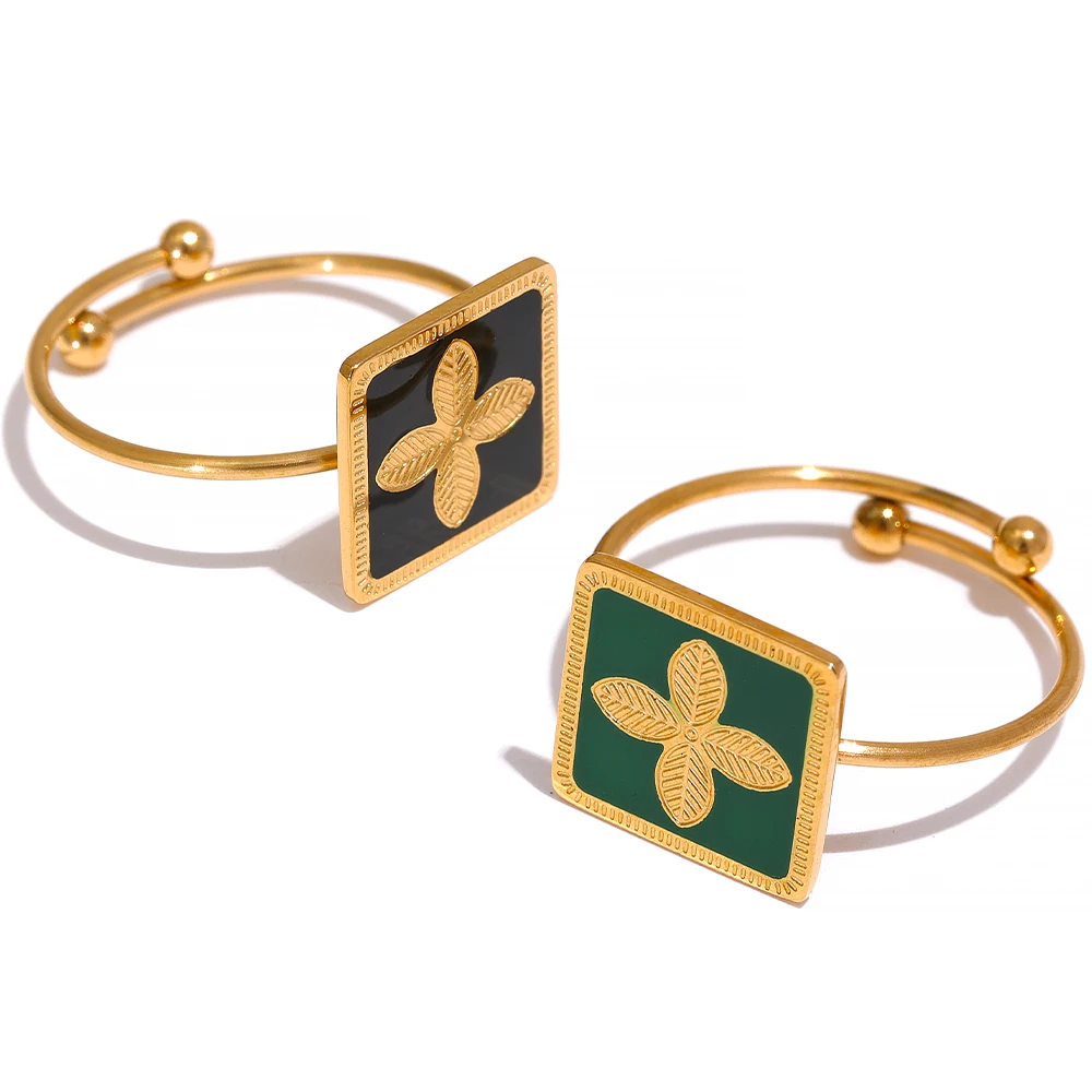 

JINYOU 866 Exquisite Women Stainless Steel Chic Adjustable France Ring Romantic18k Gold Color Flowers Enamel Open Finger Jewelry