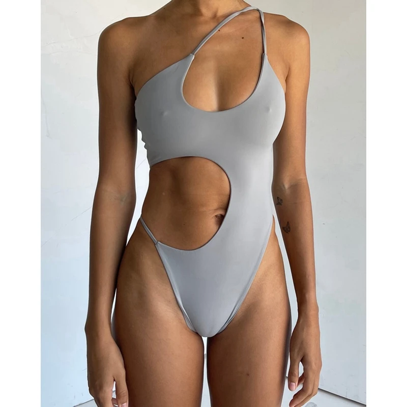 

Swimming Suit for Women Solid One Piece Swimsuit One Shoulder Swimwear Sexy Cut Out Bathing Suit Monokini Nylon Swimsuits 2022