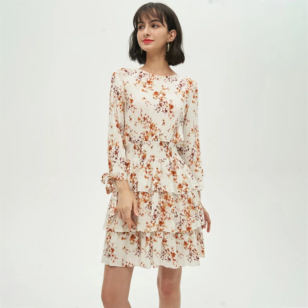 

Women Clothing Summer Ladies Wears Floral Print Long Sleeve Mini Dresses Casual, Shown,or customized color,provide color swatches