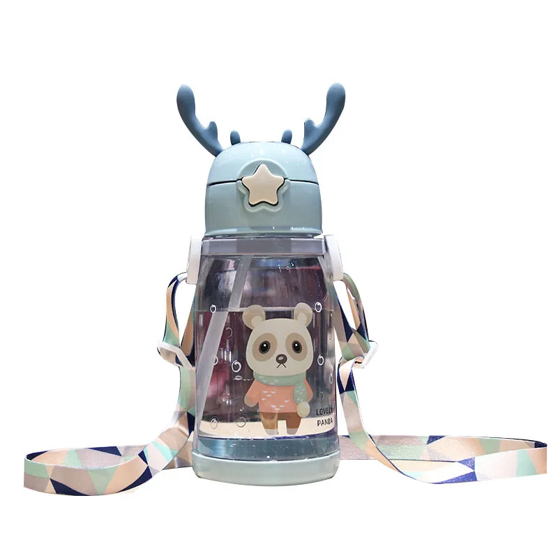 

New Cartoon Antlers Straw Water Bottle Portable Strap Student Baby Kids Kindergarten Plastic Bouncing Cup Milk Water For Bottle, Blue,pink,gray,yellow