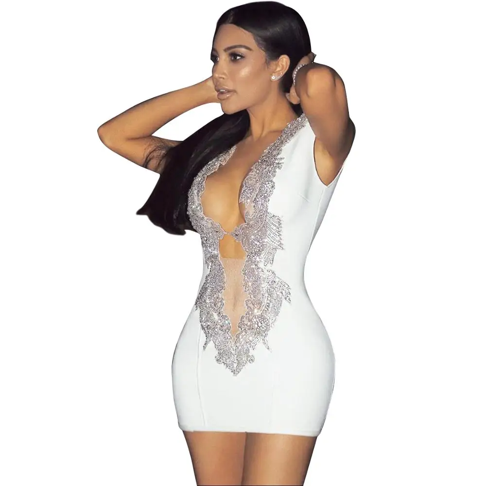 

White Embroidery Lace Plunge v neck Sexy Party bandage dress Set F1547